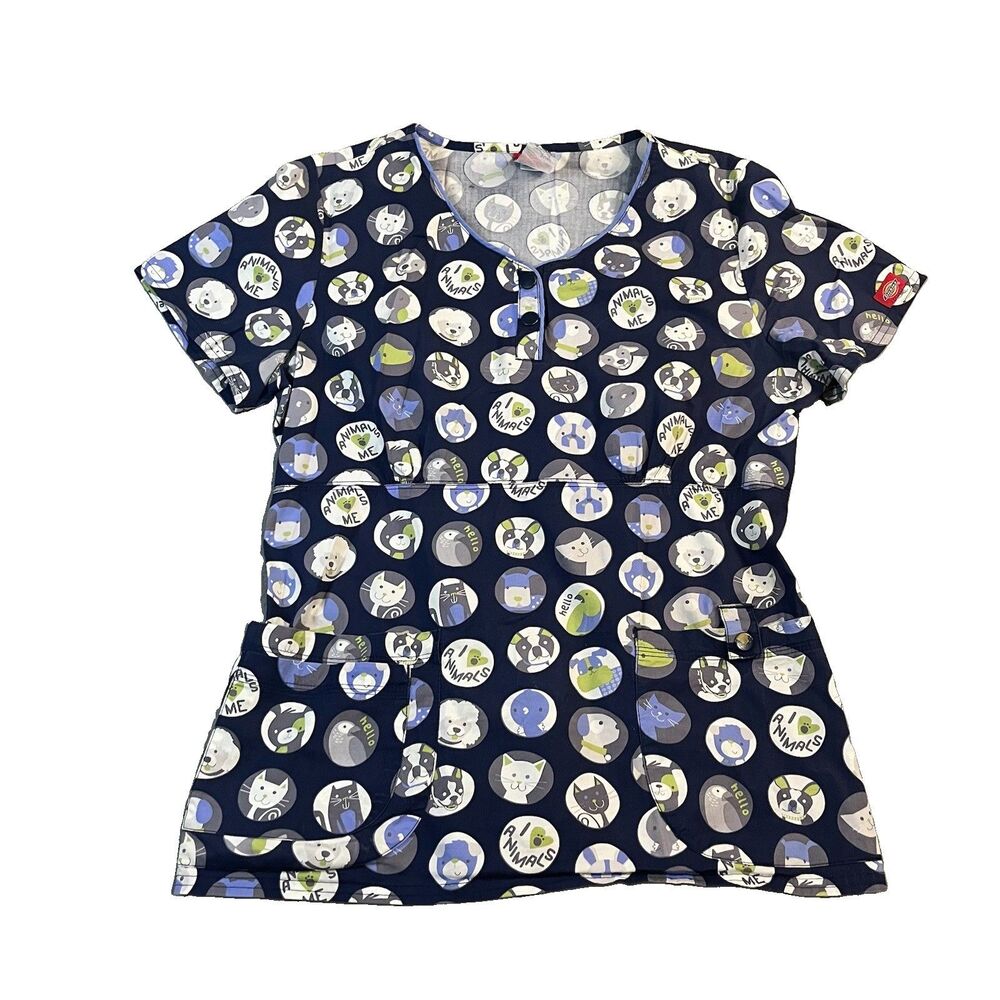 Dickies I love Animals Dog Cats Print Nurse Scrub Top Shirt Blue Womens Size M